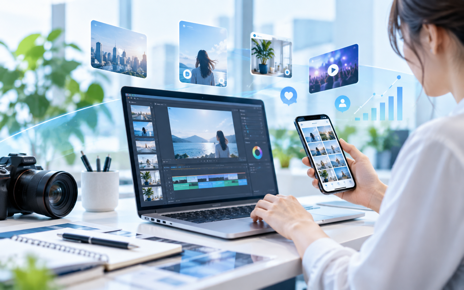 スマートフォンとPCを使ったSNSコンテンツ制作・運用イメージ